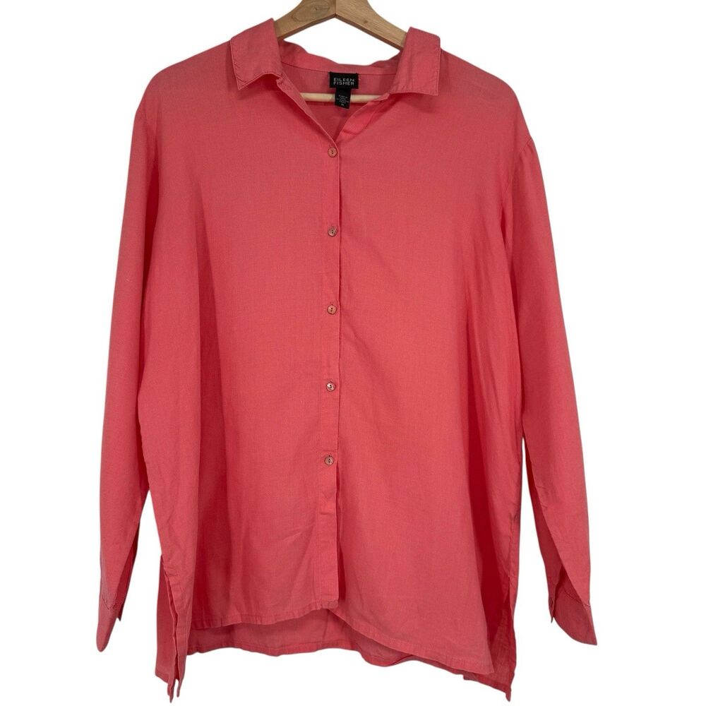 Eileen Fisher Womens Irish Linen Button Up Shirt Top M Coral Pink Beachy Coastal